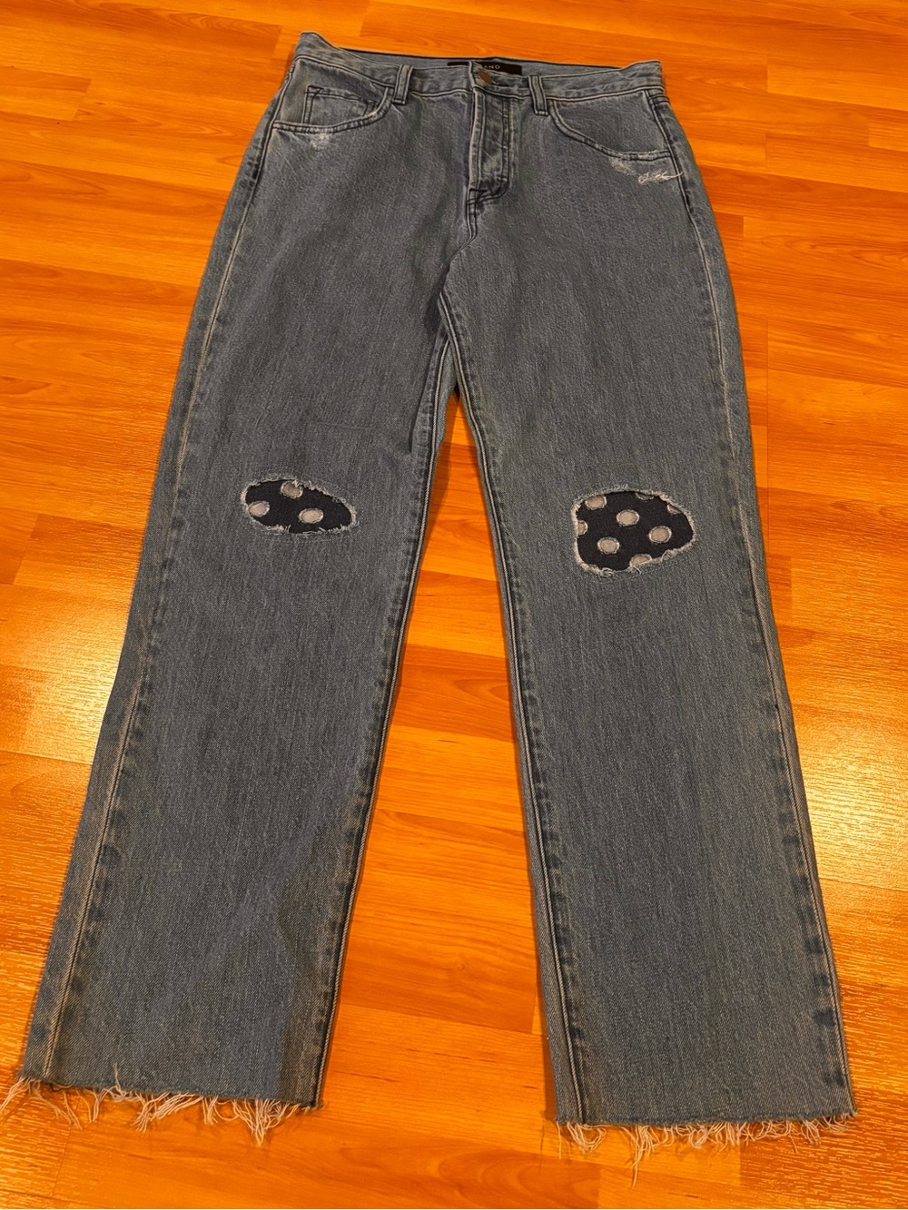 J Brand Blue Straight-Leg Jeans with Polka Dot Knee Patches